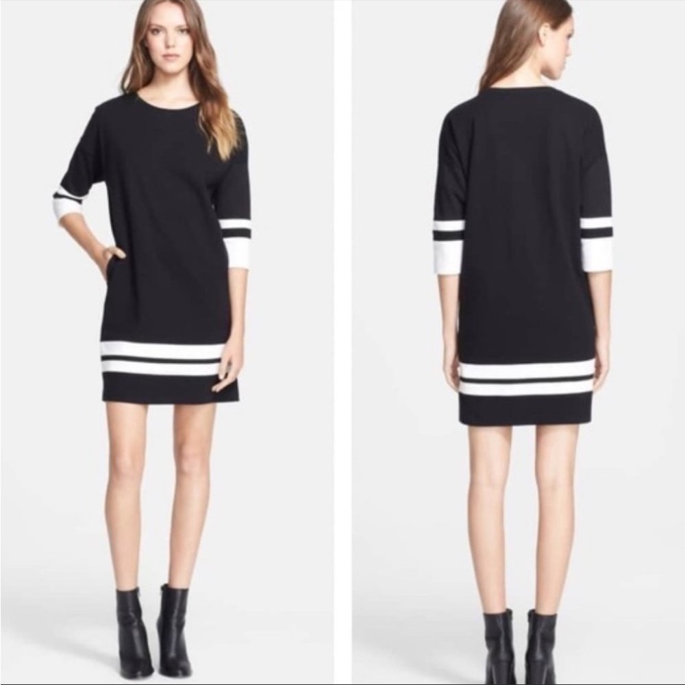 Vince Colorblock Black Shift Dress Pockets White Stripes 3/4 Sleeve Cotton
